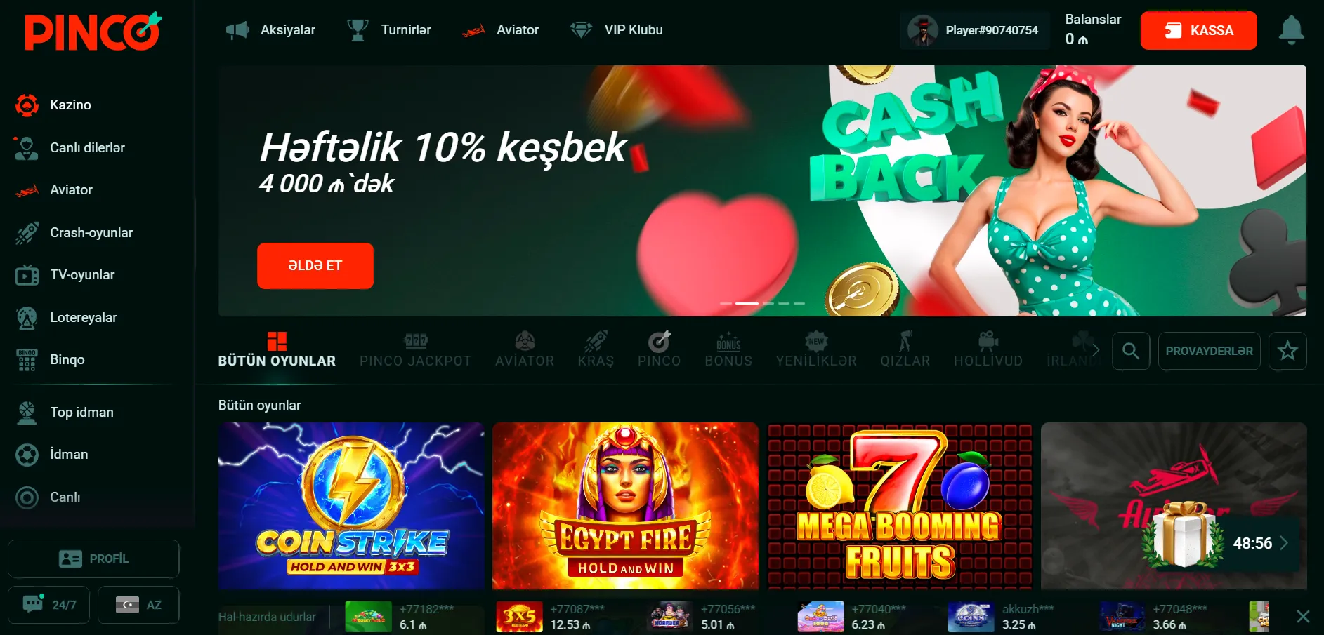 Pinco kazino AZ oyun kataloqu: əyləncə çeşidləri
